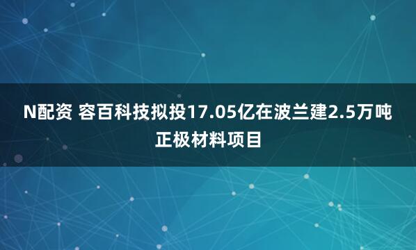 N配资 容百科技拟投17.05亿在波兰建2.5万吨正极材料项目